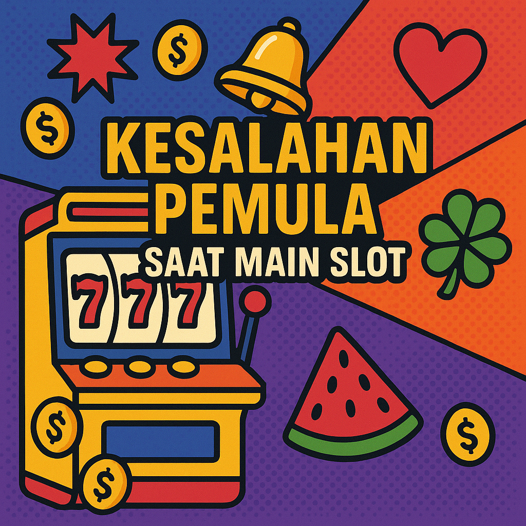 Ilustrasi 2D berwarna-warni bertema slot online menampilkan mesin slot dengan angka 777, simbol koin, semangka, bel emas, daun semanggi, dan teks "Kesalahan Pemula Saat Main Slot" dalam gaya komik.