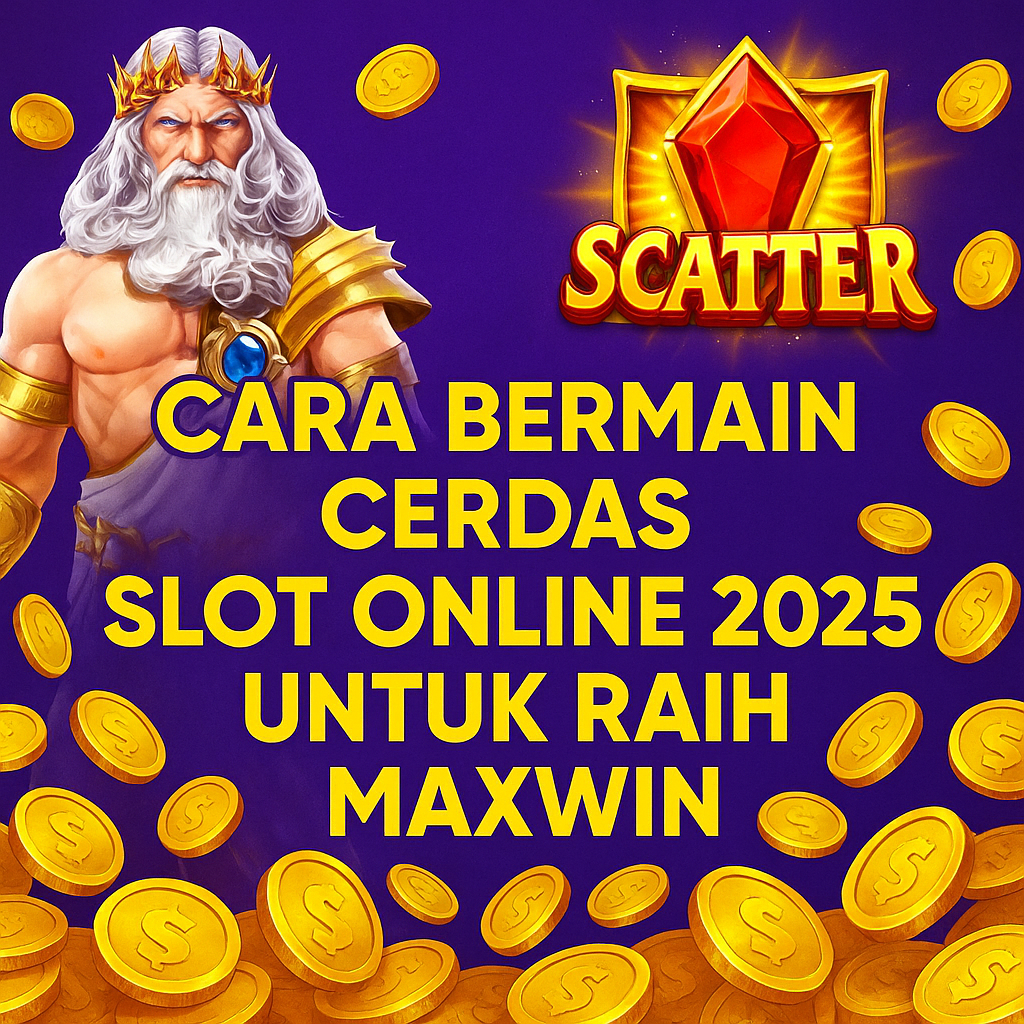 Ilustrasi Zeus dengan simbol scatter merah, koin emas berhamburan, dan teks “Cara Bermain Cerdas Slot Online 2025 untuk Raih Maxwin” gaya promosi slot online.