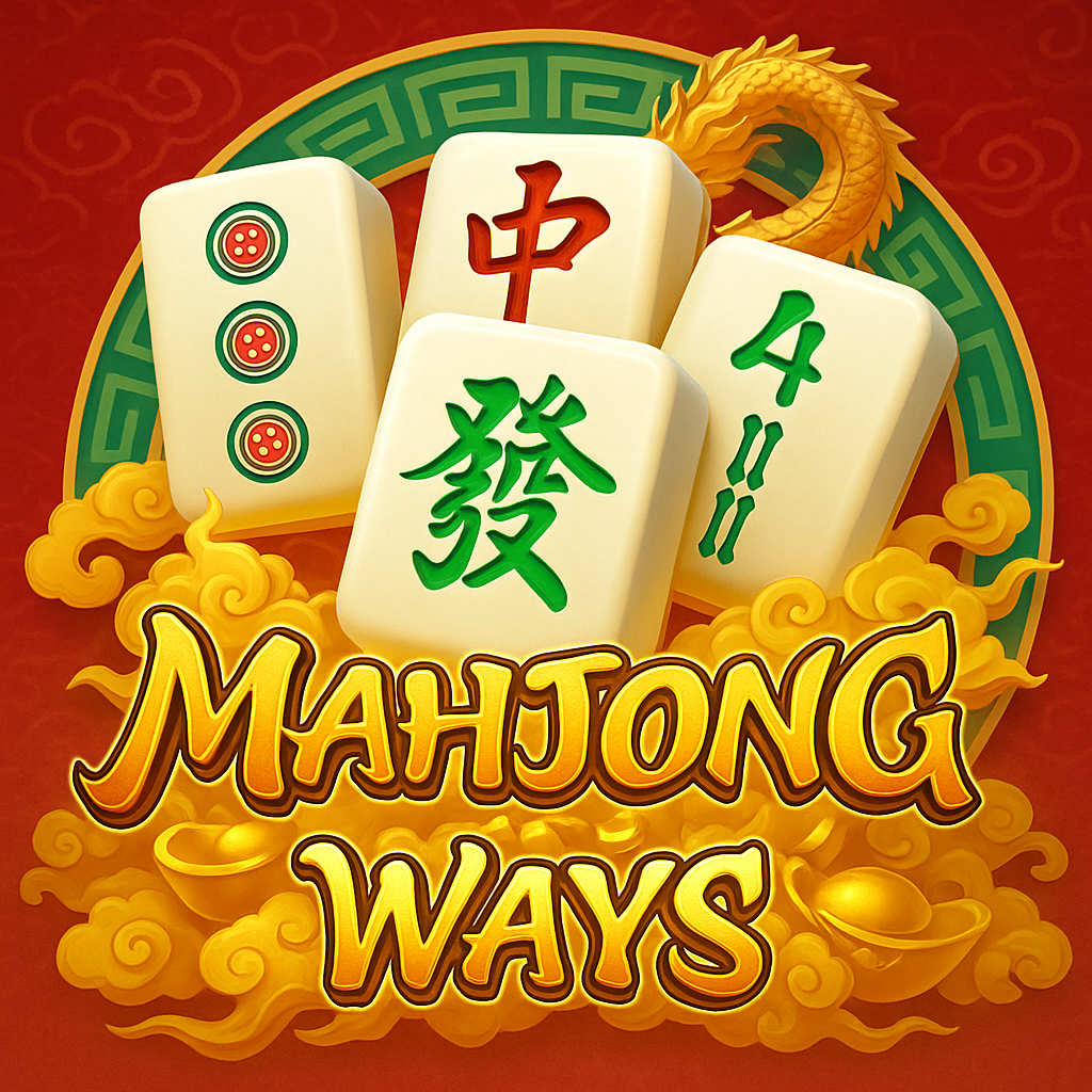 Ilustrasi game Mahjong Ways PGSoft menampilkan ubin Mahjong dan ornamen budaya Tiongkok dengan warna emas dan merah